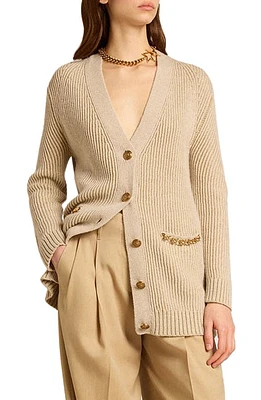 Golden Goose Chain Detail Wool Blend Rib Cardigan in Lambs Wool/Gold at Nordstrom, Size Medium