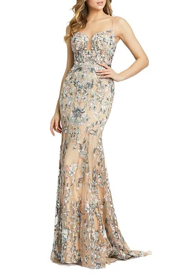 Mac Duggal Embroidered Floral Mermaid Gown with Train Beige Multi at Nordstrom,