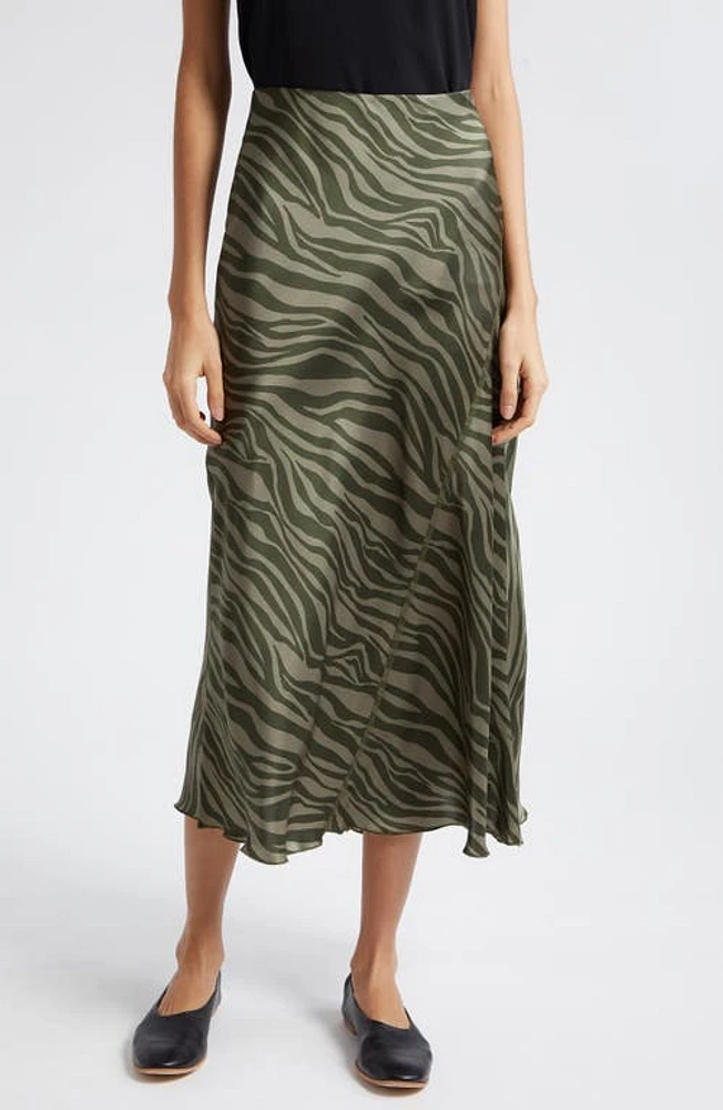 ATM Anthony Thomas Melillo Zebra Stripe Silk Charmeuse Midi Skirt Army Combo at Nordstrom,