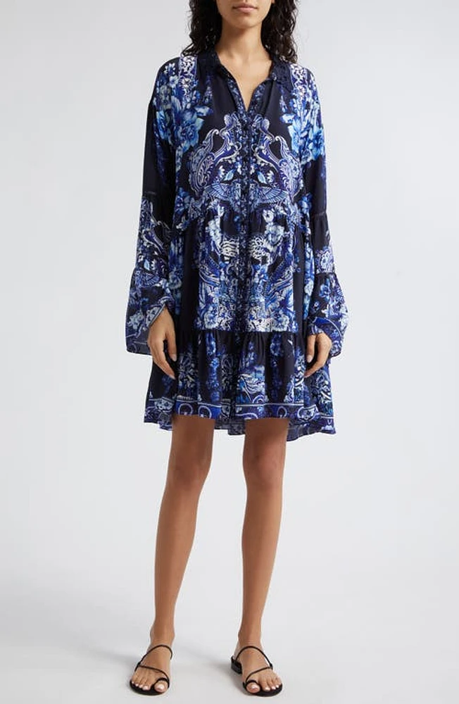 Camilla Delft Dynasty Long Sleeve Silk Shift Dress at Nordstrom,