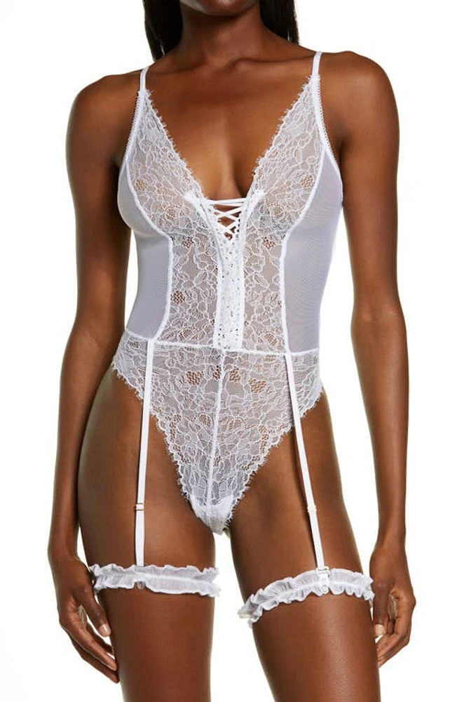 Mapale Strappy Lace Teddy with Garter Straps in White at Nordstrom, Size Medium