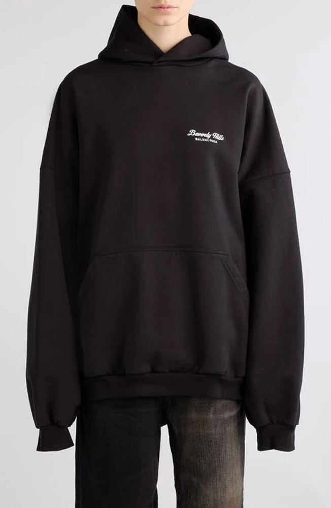 Balenciaga Gender Inclusive Oversize Beverly Hills Logo Cotton Hoodie Washed Black/White at Nordstrom,