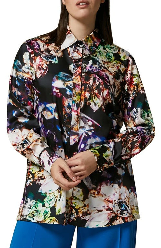 Marina Rinaldi Print Satin Button-Up Shirt Black Jewel at Nordstrom,