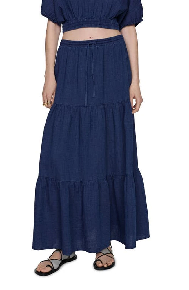 MANGO Indie Tiered Cotton Denim Maxi Skirt Dark Blue at Nordstrom,