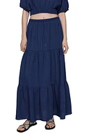 MANGO Indie Tiered Cotton Denim Maxi Skirt Dark Blue at Nordstrom,