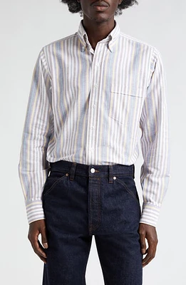 Drake's Stripe Oxford Button-Down Shirt Purple/Yellow/Brown at Nordstrom,