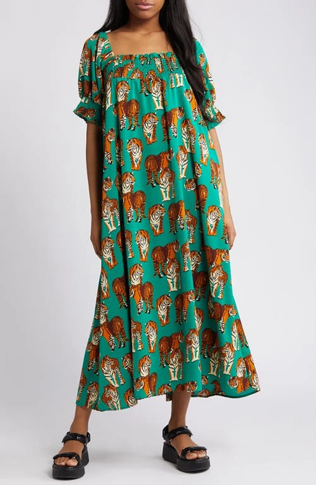 Dressed Lala Tiger Print Smocked Maxi Dress Green at Nordstrom,