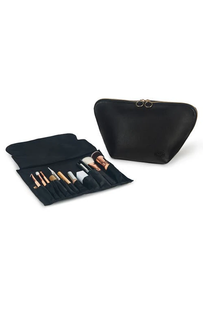 KUSSHI Vacationer Leather Makeup Brush Organizer in Black Leather/Leopard at Nordstrom