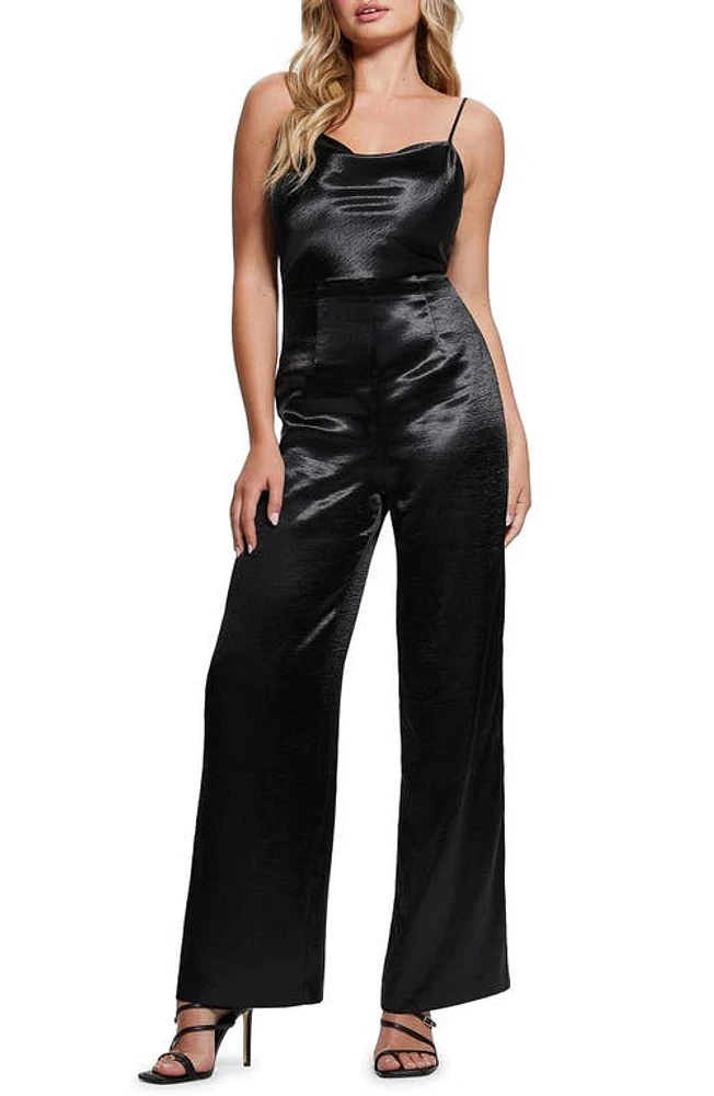 GUESS Jennie Chain Detail Satin Jumpsuit Black at Nordstrom,