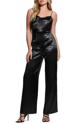 GUESS Jennie Chain Detail Satin Jumpsuit Black at Nordstrom,