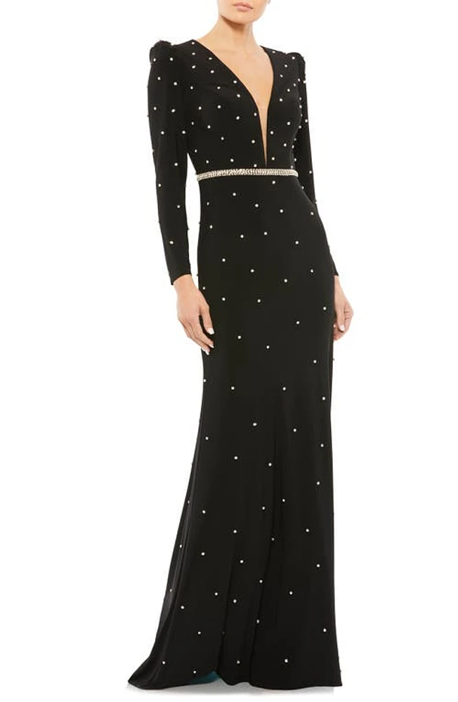 Mac Duggal Crystal Detail Long Sleeve Column Gown Black Silver at Nordstrom,