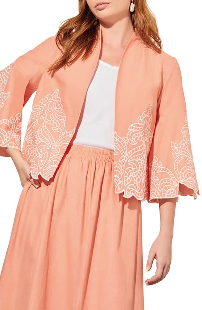 Ming Wang Embroidered Open Front Jacket Coral Sand/White at Nordstrom,