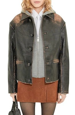 MANGO Distressed Leather Jacket Black at Nordstrom,