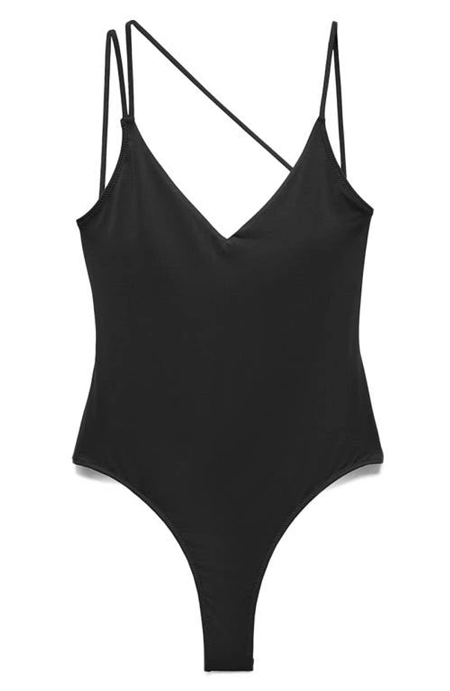 MANGO Strappy V-Neck One-Piece Swimsuit Black at Nordstrom,