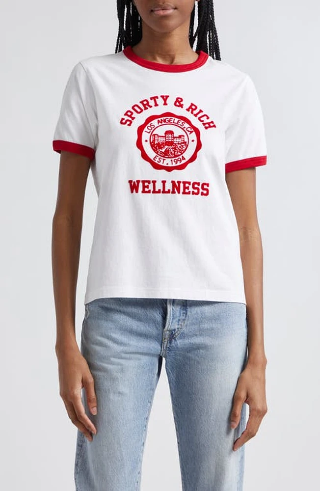 Sporty & Rich Flocked Emblem Cotton Ringer Graphic T-Shirt White at Nordstrom,