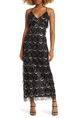 Lulus Marvelous Moment Sequin Fringe Gown in Black at Nordstrom, Size Small