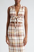 Zimmermann Matchmaker Check Bow Sleeveless Linen Blend Crop Top in Cream Check at Nordstrom, Size 3