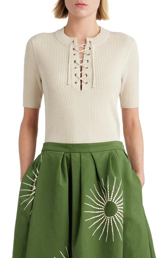 Dries Van Noten Lace-Up Wool Blend Sweater Off White at Nordstrom,