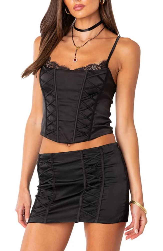 EDIKTED Lilith Lace Trim Satin Corset Black at Nordstrom,