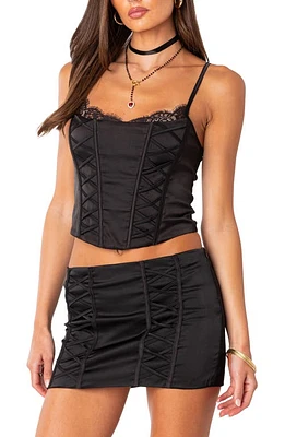 EDIKTED Lilith Lace Trim Satin Corset Black at Nordstrom,