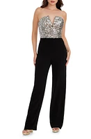 Dress the Population Fernanda Sequin Bodice Strapless Jumpsuit Silver-Black at Nordstrom,