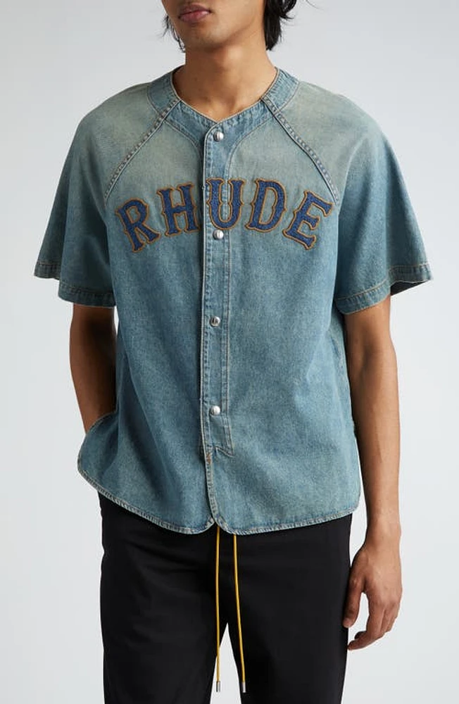 Rhude Embroidered Logo Denim Baseball Shirt Dark Indigo at Nordstrom,