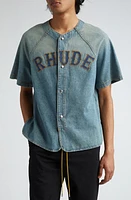 Rhude Embroidered Logo Denim Baseball Shirt Dark Indigo at Nordstrom,