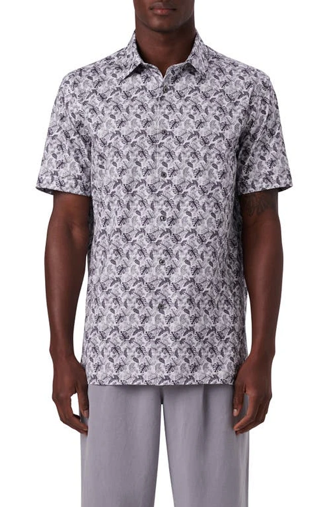 Bugatchi OoohCotton Leaf Print Short Sleeve Button-Up Shirt Cement at Nordstrom,