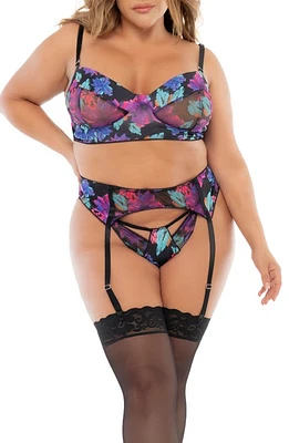 Mapale Floral Lace Underwire Bra, Thong & Garter Belt Set Black Dream Flower Print at Nordstrom,