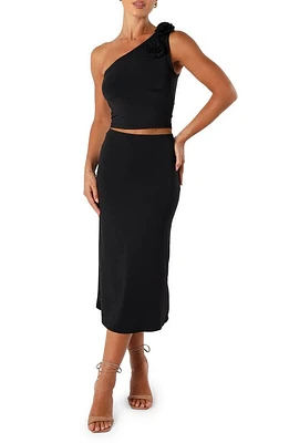 Petal & Pup Keely Rosette One-Shoulder Tank Midi Skirt Set Black at Nordstrom,