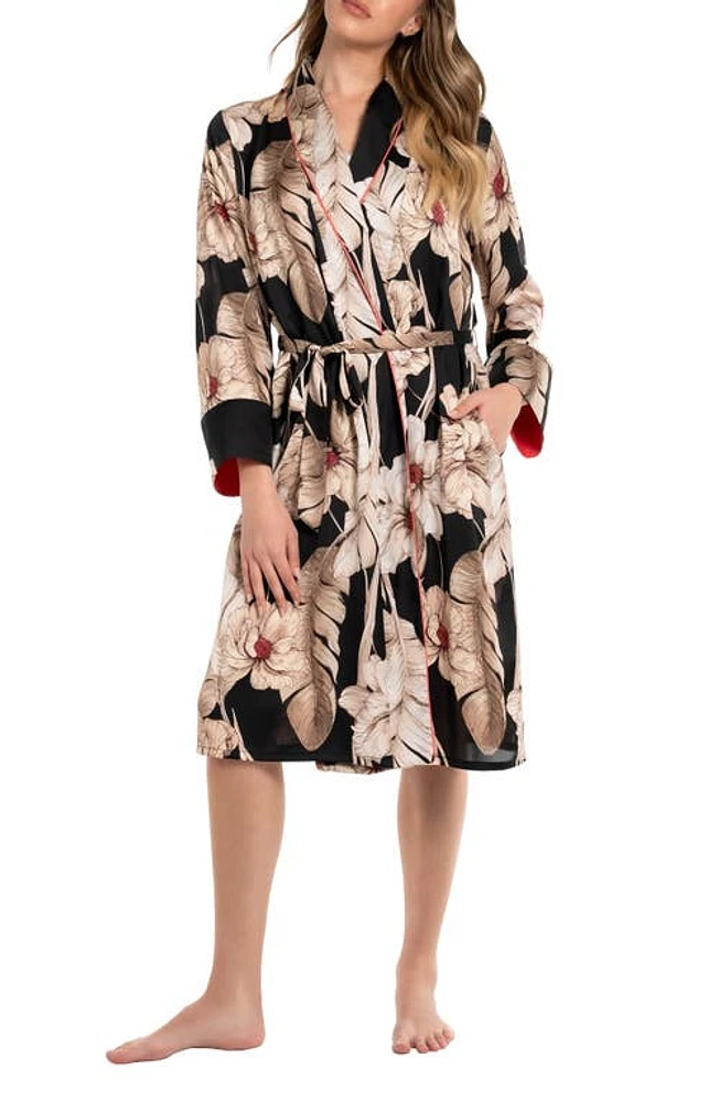 Midnight Bakery Floral Satin Wrap Robe Summer Song/Black at Nordstrom,