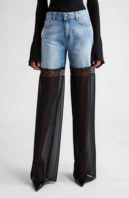 Nensi Dojaka Sheer Tulle Inset High Waist Nonstretch Wide Leg Jeans Blue/Black at Nordstrom,