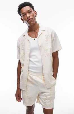 Topman Embroidered Cotton & Linen Camp Shirt Nude at Nordstrom,