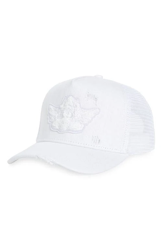 BOYS LIE Distressed Denim Trucker Hat in White at Nordstrom