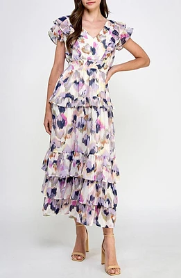 KOKO + MASON Metallic Tiered Flutter Sleeve Maxi Dress in Purple Water at Nordstrom, Size X-Small