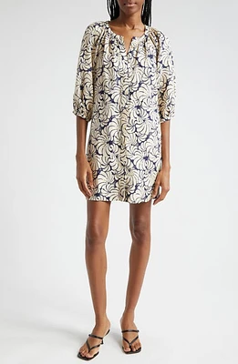 STAUD Print Long Sleeve Linen Shift Dress in Navy Scallop Block Print at Nordstrom, Size X-Small