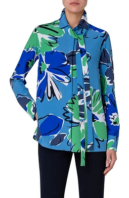 Akris Abraham Floral Print Silk Crepe Button-Up Shirt 075 Denim-Leaf at Nordstrom,