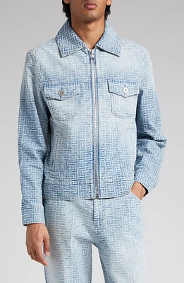 Balmain Jacquard Monogram Zip Front Denim Jacket in 6Ff - Blue at Nordstrom, Size 40 Us