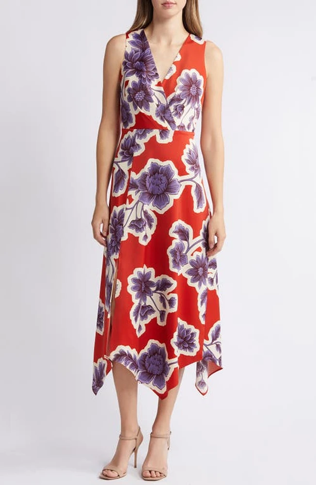 Anne Klein Floral Handkerchief Hem Dress Tandoori Red Multi at Nordstrom,