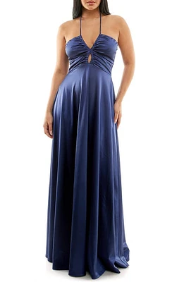 Speechless Halter Neck Keyhole Satin Gown Navy at Nordstrom,