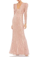 Mac Duggal Bead & Sequin Long Sleeve Trumpet Gown Beige at Nordstrom,