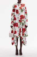 Oscar de la Renta Poppy Print Long Sleeve Handkerchief Hem Shirtdress White/Red at Nordstrom,