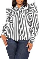 BUXOM COUTURE Stripe Ruffle Bow Neck Shirt at Nordstrom, X