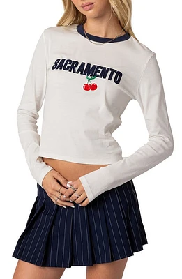 EDIKTED Sacramento Appliqué Long Sleeve Cotton Graphic Crop T-Shirt White at Nordstrom,