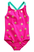 Mini Boden Kids' Crossback Print One-Piece Swimsuit Pink Foil Spot at Nordstrom,