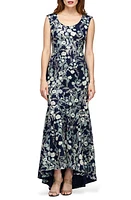 JS Collections Rosaline Floral Embroidered High-Low Gown Navy/Sage at Nordstrom,