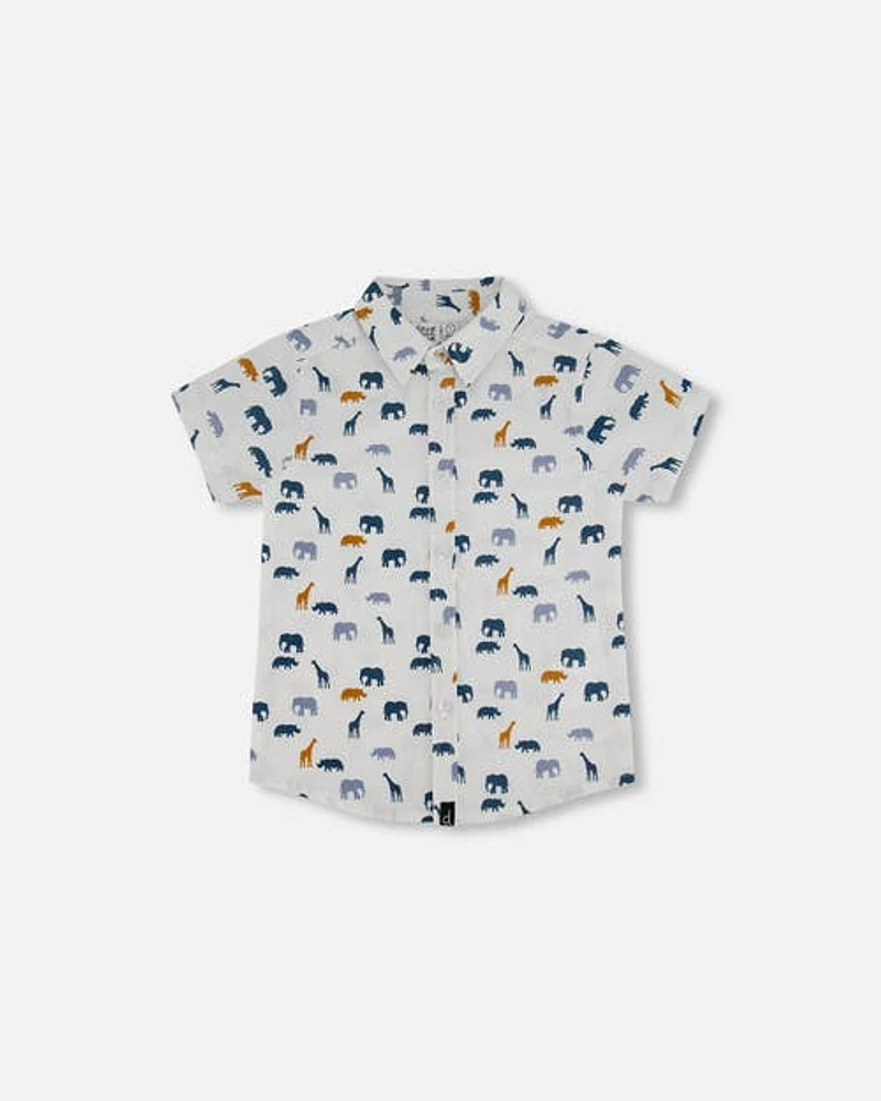 Deux Par Deux Baby Boy's Short Sleeve Poplin Shirt White Printed Jungle Friends at Nordstrom