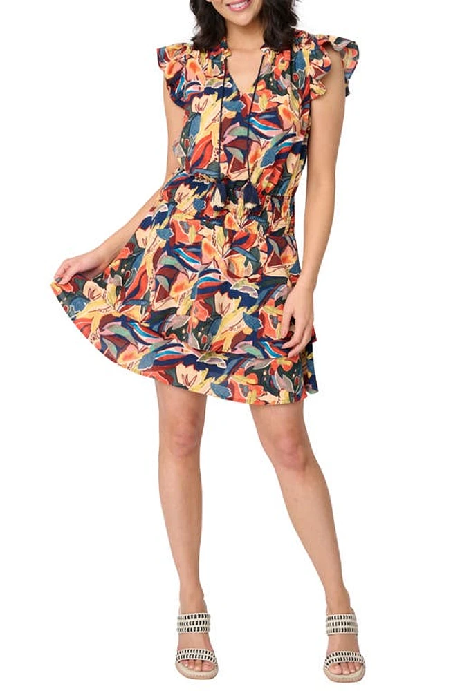 GIBSONLOOK Isla Floral Smocked Waist Flutter Sleeve Minidress Abstract Painterly at Nordstrom,