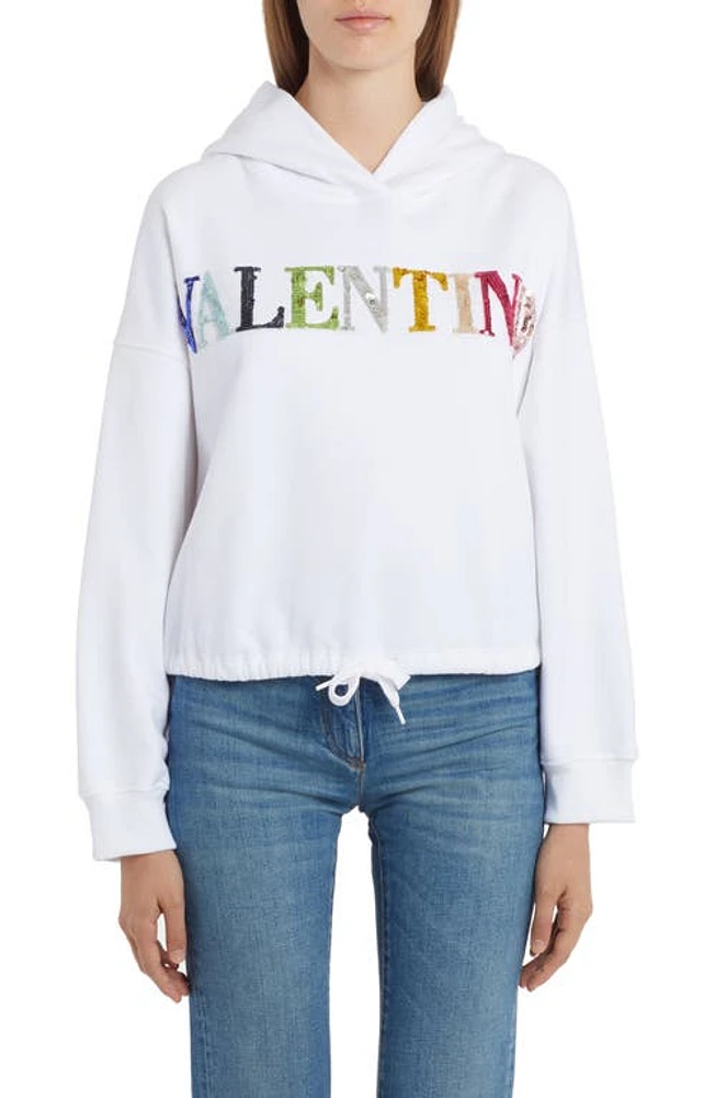 Valentino Sequin Logo Cotton Hoodie in 0Bo-Bianco at Nordstrom, Size Large