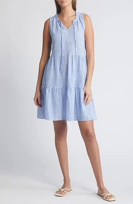 beachlunchlounge Belle Stripe Tiered Linen & Cotton Dress in Provence Blue at Nordstrom, Size Medium